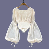 French Court Blouse Chiffon Lace Lace-up Top