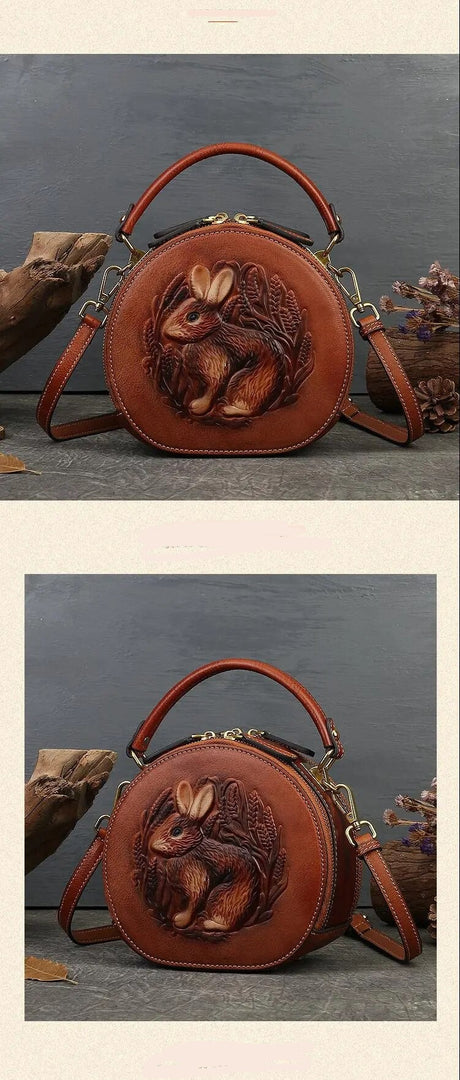 Embossed Rabbit Handbag Genuine Leather