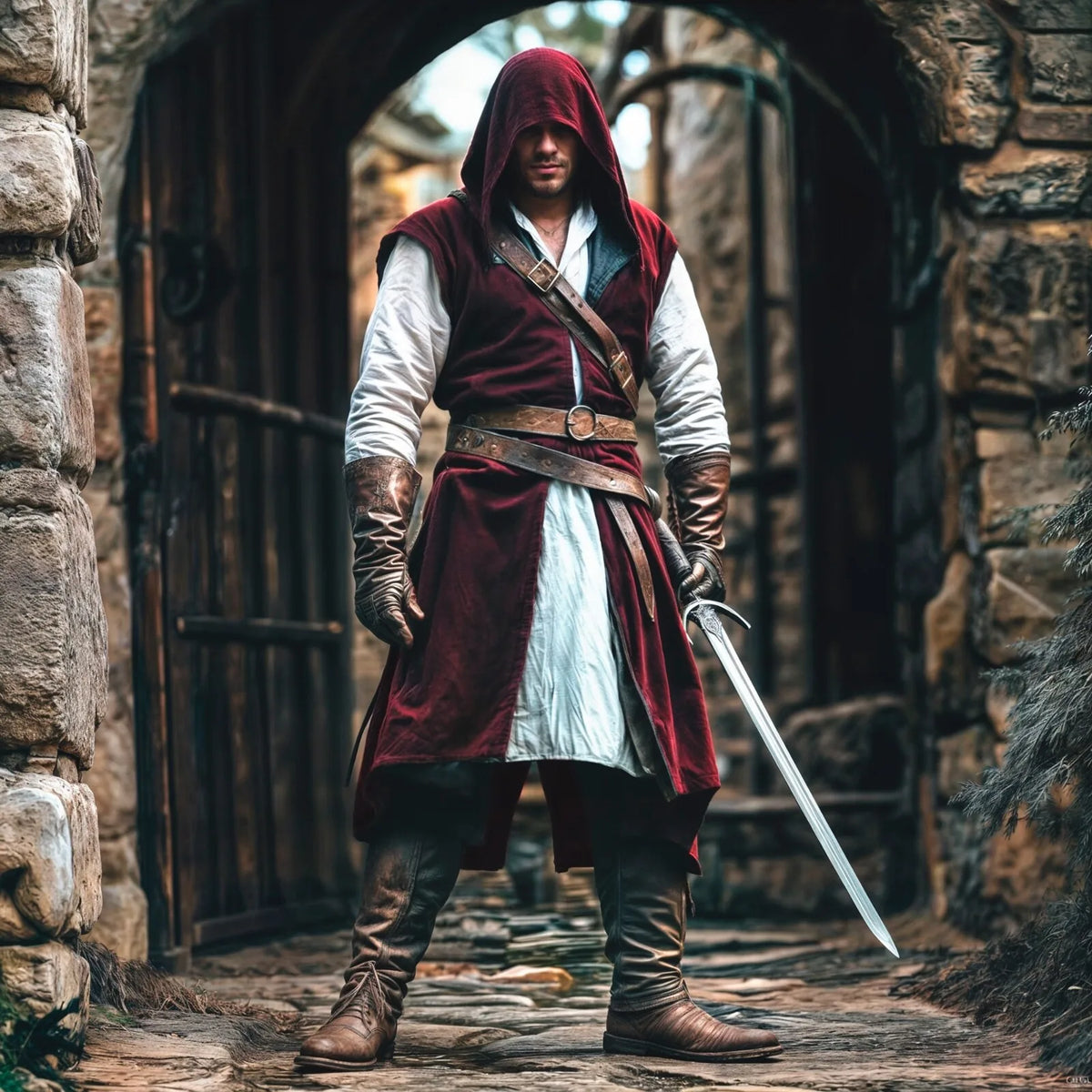 Medieval Mens Surcoat Linen Hooded Tunic Renfaire Cape LARP Ranger Cosplay