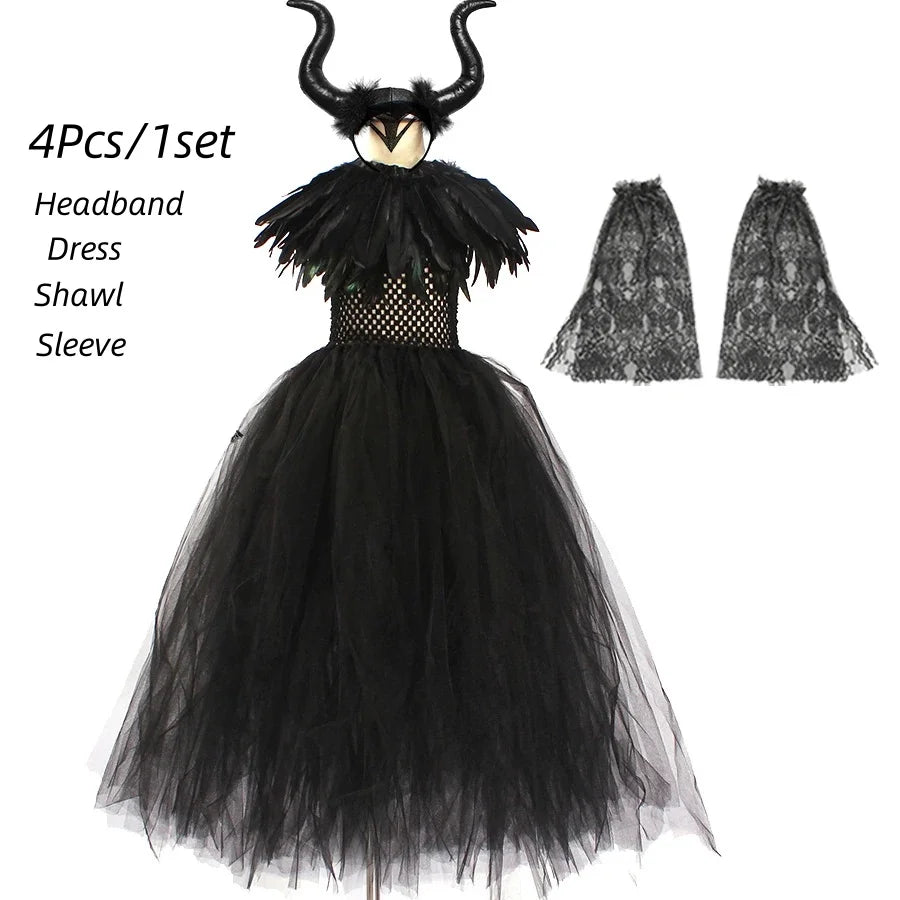 Girls Maleficent Black Tutu Halloween Costume with Feather Shawl