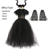 Girls Maleficent Black Tutu Halloween Costume with Feather Shawl