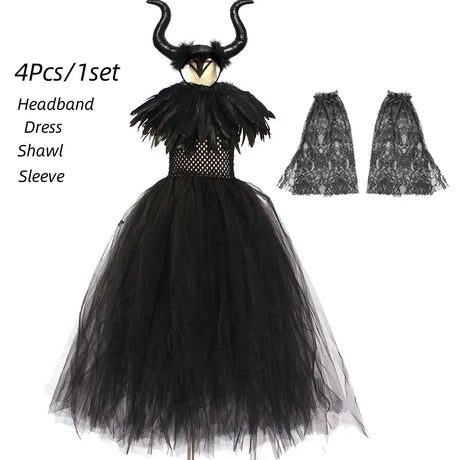 Girls Maleficent Black Tutu Halloween Costume with Feather Shawl