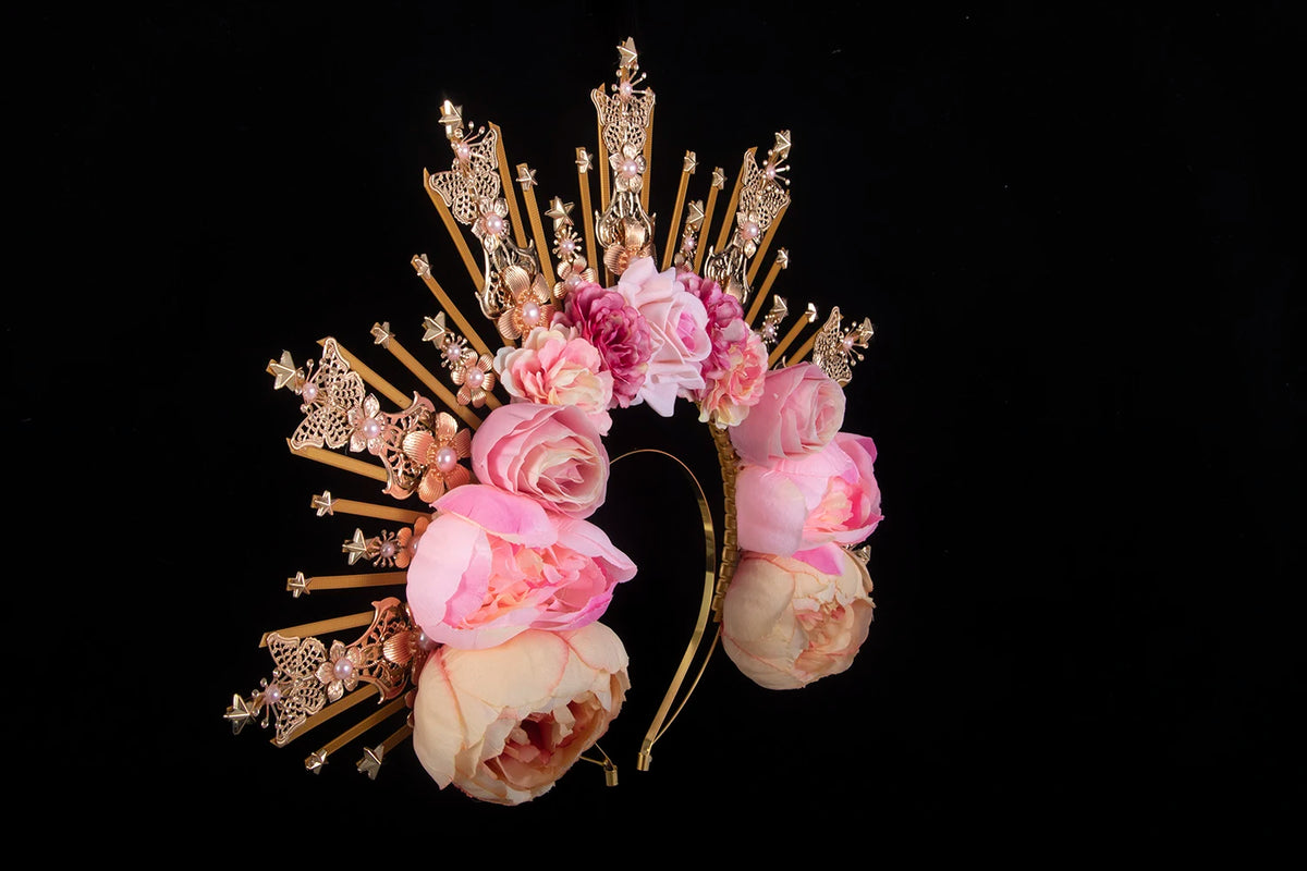 Pink Rose Pearls Sun Crown Headpiece Gothic Goddess Halo Headband