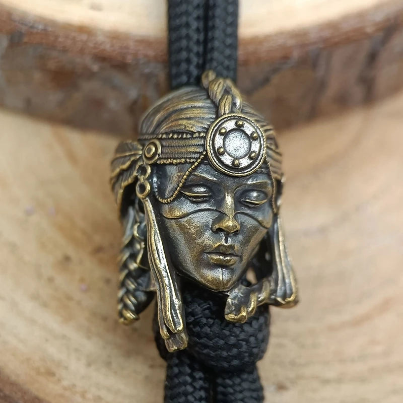 Tribal Warrior Woman Brass Paracord Lanyard Charm Dreadlock Beard Bead