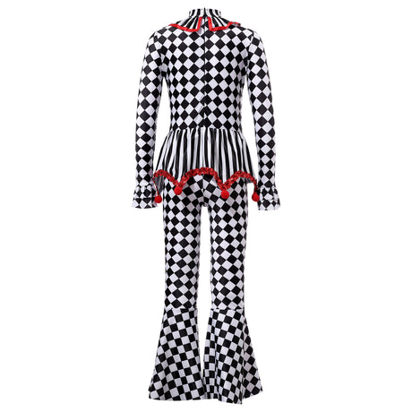 Kids Girls Halloween Harlequin Circus Clown Cosplay Costume Pom Poms Checkerboard Jumpsuit