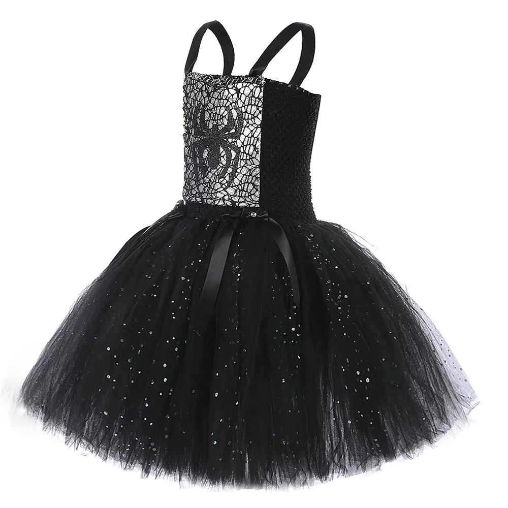 Sparkly Spider Witch Halloween Costumes Babies to Teens Tutu Dress, Hat and Broom