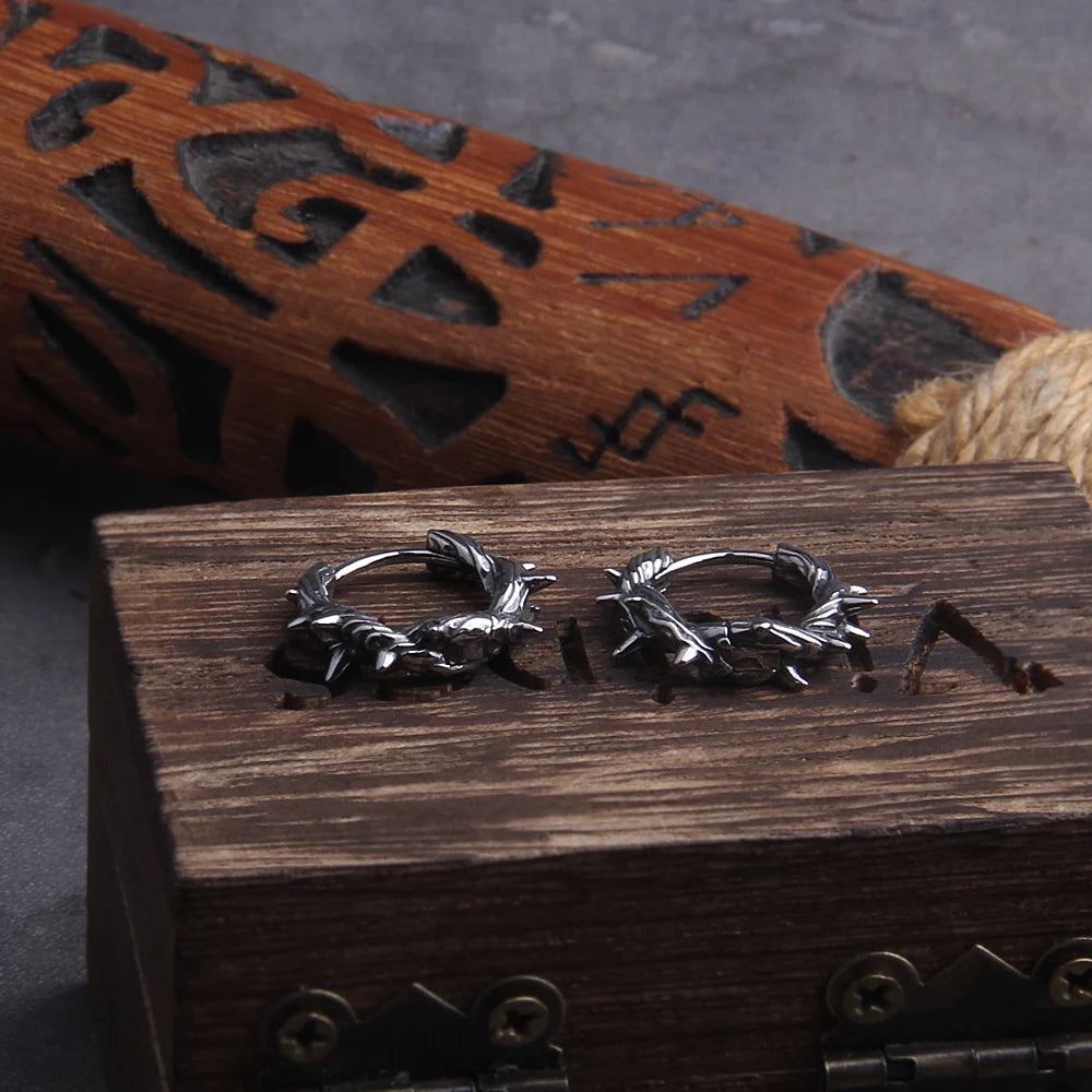 Gothic Thorns Stainless Steel Huggie Hoop Earrings for Men with Wooden Box