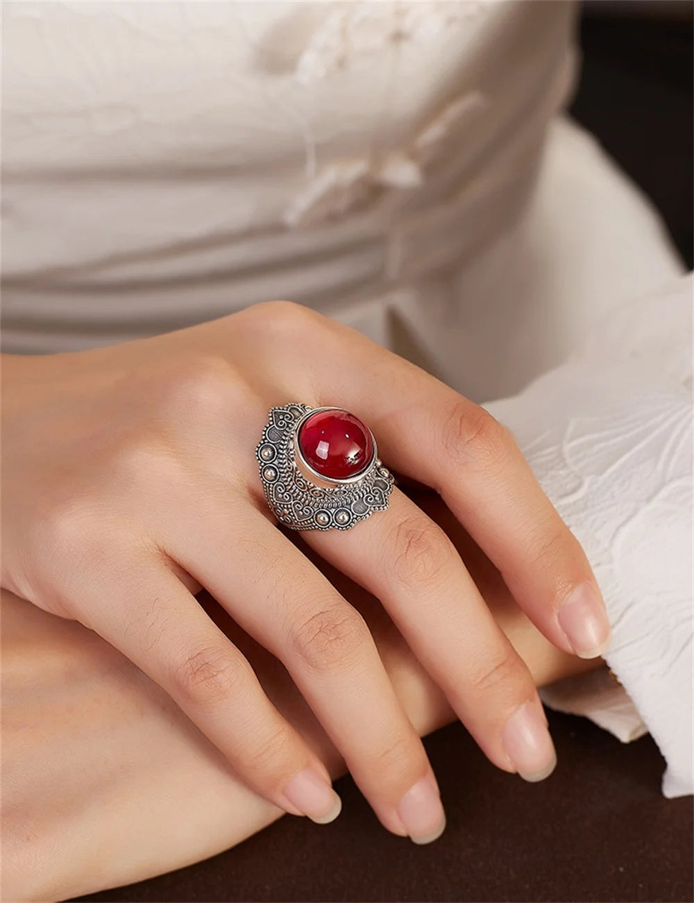 The Sage One's S925 Sterling Silver Rings Ancient Emboss Pattern Corundum