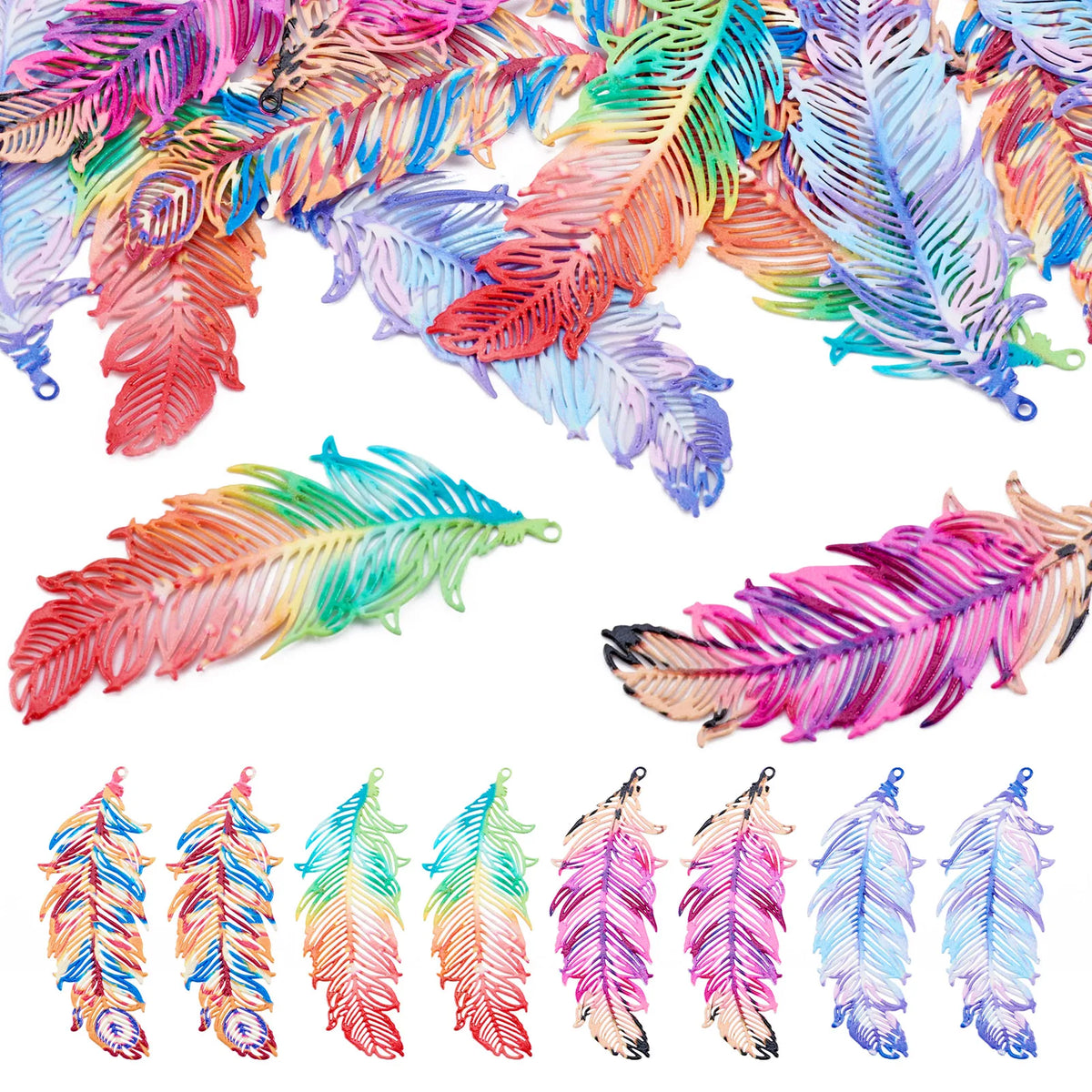 16Pcs Feather Charms Spray Painted 430 Stainless Steel Etched Metal for DIY Jewellery Making