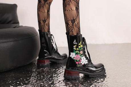 Wildflower Embroidery Lace Up Ankle Boots Black Platform Chunky Heels Large Sizes