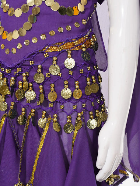Girls Belly Dance Performance Outfit 4pcs Stage Costume Puff Sleeve Crop Top Ruffled Pants Hip Scarf Headscarf