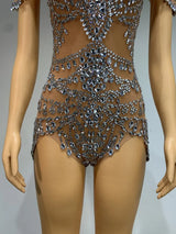 Sparkly Rhinestones Bodysuit Transparent Mesh Performance Dance Costume Stage Wear