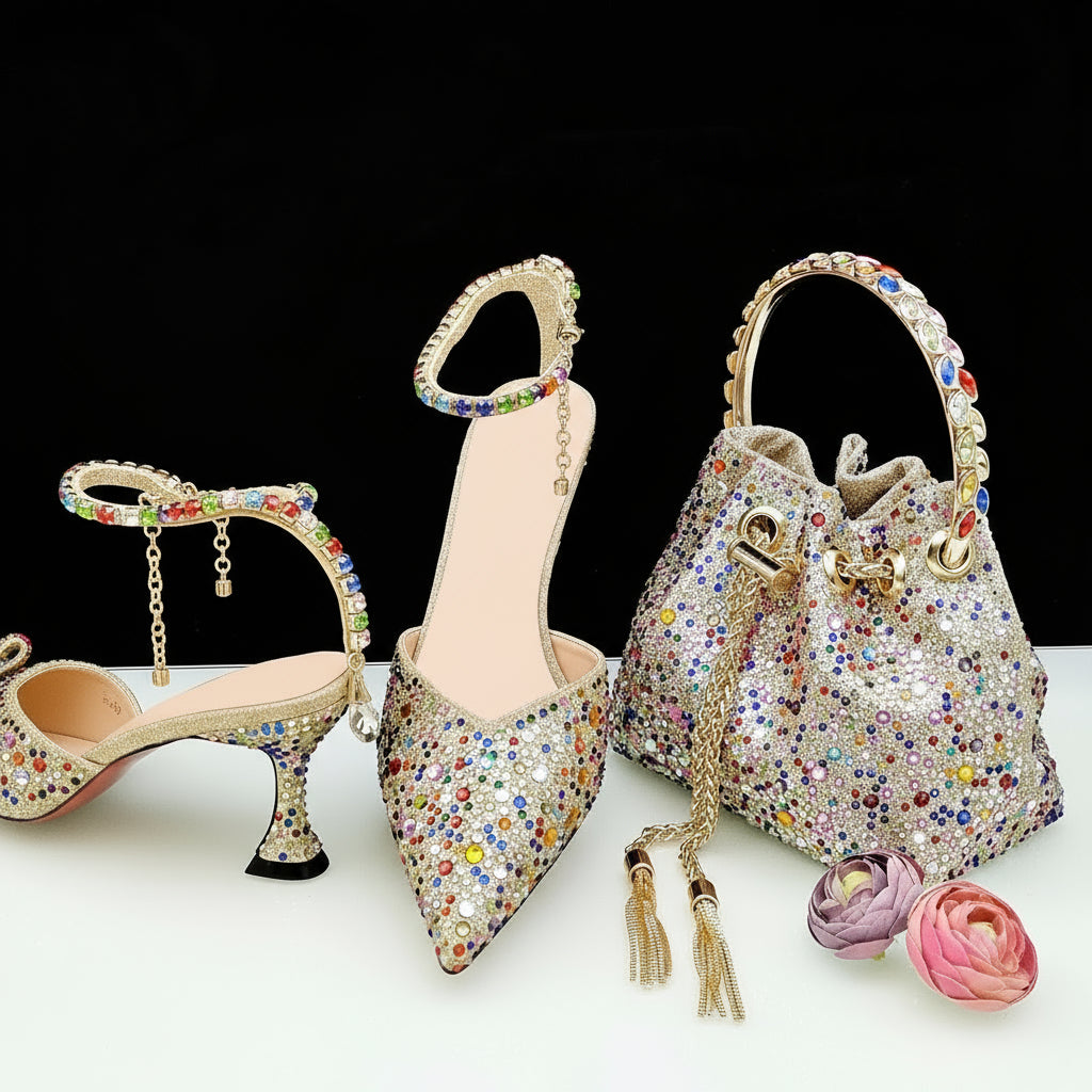 Diamond Confetti Pointed Shoes and Matching Bag Party Heels