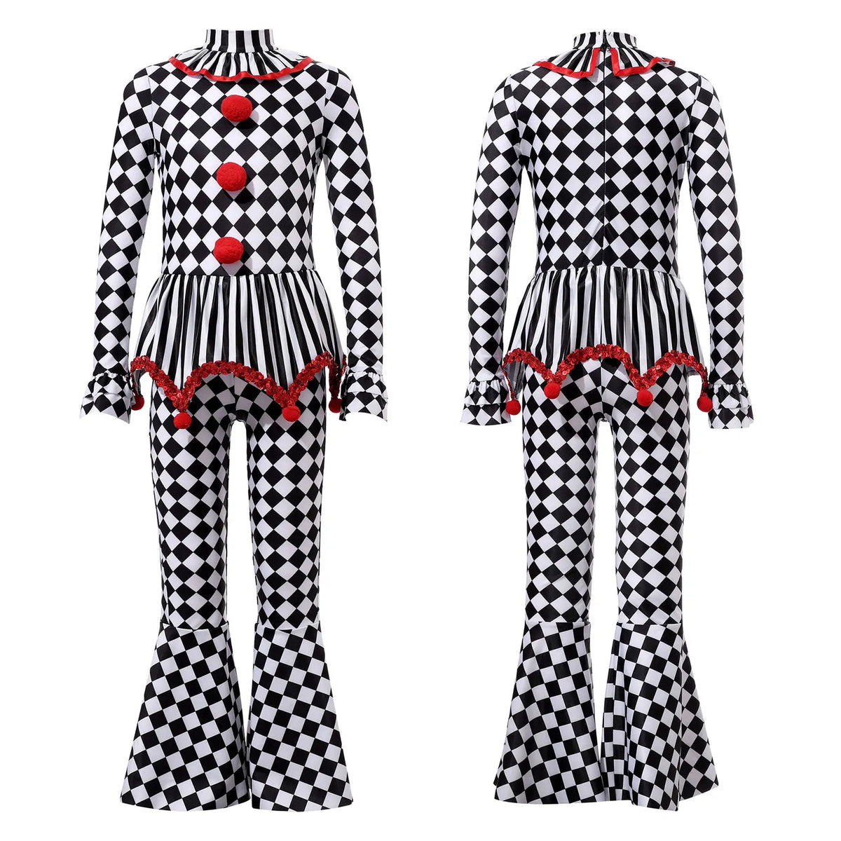 Kids Girls Halloween Harlequin Circus Clown Cosplay Costume Pom Poms Checkerboard Jumpsuit