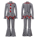 Kids Girls Halloween Harlequin Circus Clown Cosplay Costume Pom Poms Checkerboard Jumpsuit