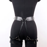 Black PU Leather Waist Garter Harness - Adjustable Multi-Strap Ring Design Belt Punk Grunge Outfits