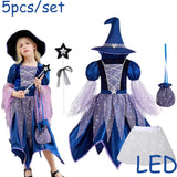 Girls Witch Outfit Halloween Party Costumes for Kids Dress Up With Bag Hat Wand