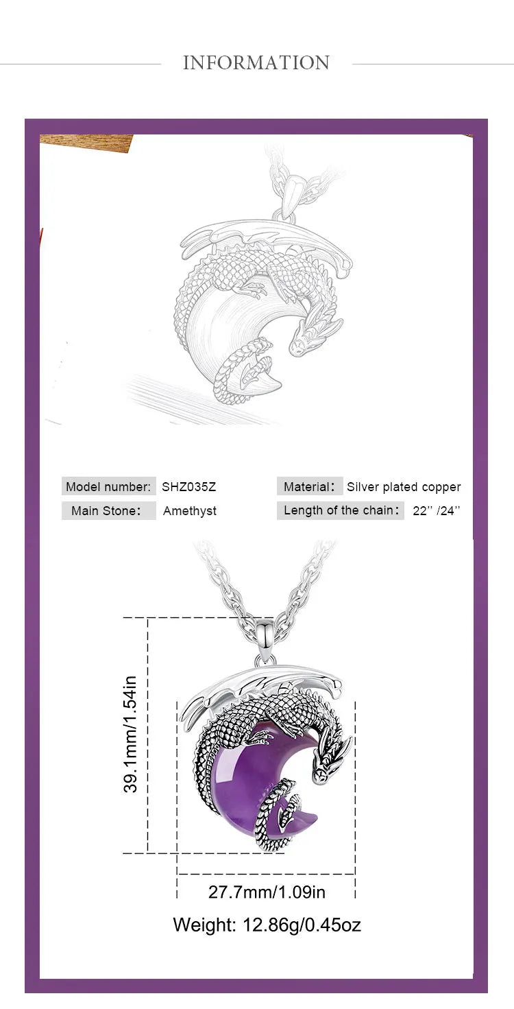 Dragon Crescent Moon Natural Amethyst Crystal Necklace Pendant
