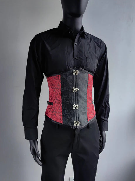 Men's Red Black Waist Boned Corset Lace Up Burlesque Performance Stage Costume Circus