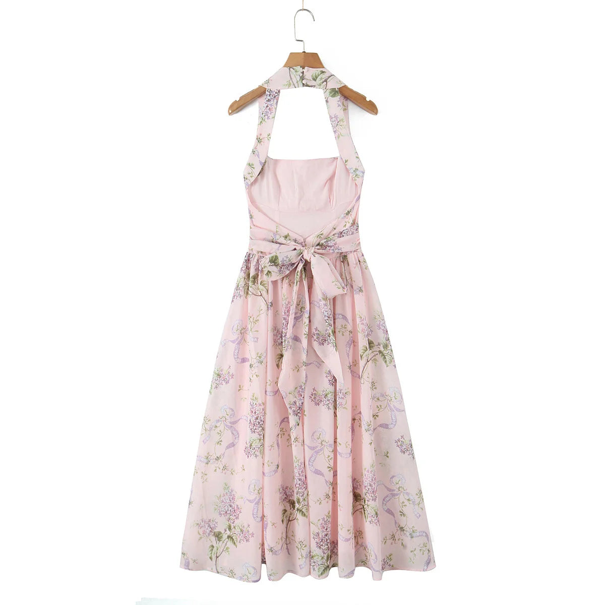 Ceony's Pink Floral Backless Halter Neck Dress
