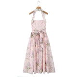 Ceony's Pink Floral Backless Halter Neck Dress