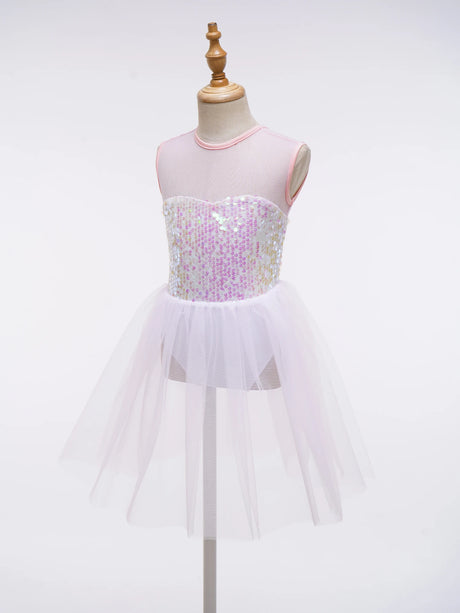 Girls Ballet Gymnastics Figure Ice Skating Sequin Leotard Tutu Dress Performance Dancewear