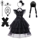 Wednesday Addams Cosplay Costume Girls Black Gothic Dress Sets