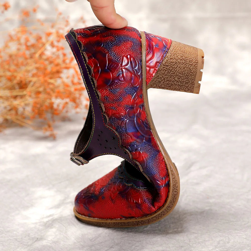 Sally's Embossed Genuine Leather Red Pump Heels Shoes
