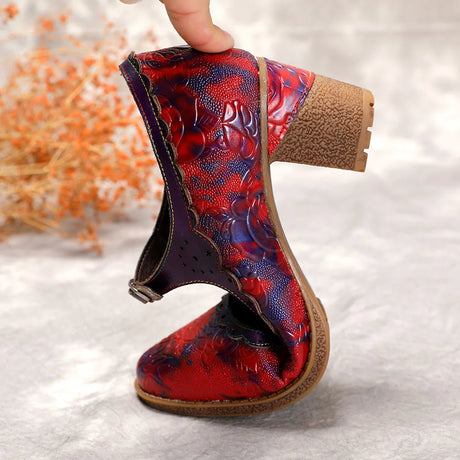 Sally's Embossed Genuine Leather Red Pump Heels Shoes