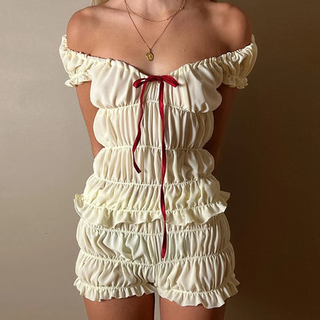 Cottagecore 2 Piece Set Lounging Wear Ruched Off Shoulder Crop Tops + Shorts Kawaii Pyjamas