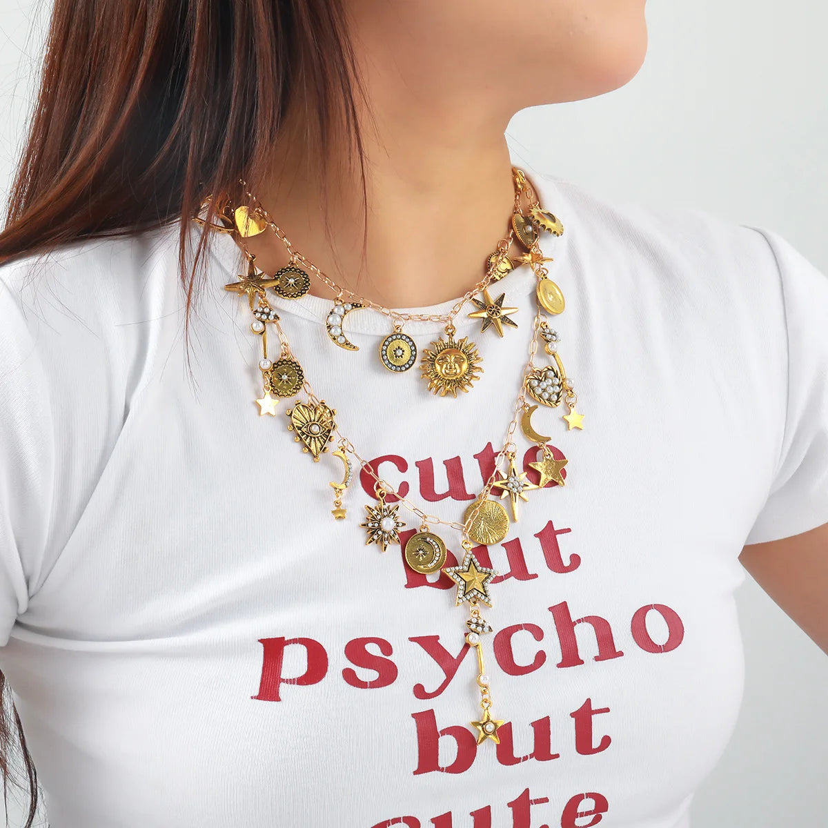 Celestial Charm Sun Flower Stars Moon Heart Charms Multi Layered Necklaces