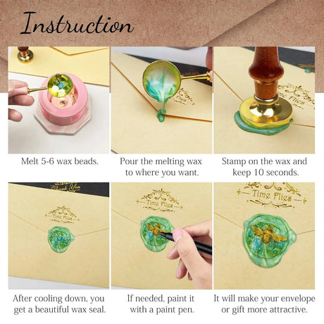 Bee Wax Seal Stamp and Wooden Handle Set Embossed Stamp Sealing Removable 1" Brass Stamp Head