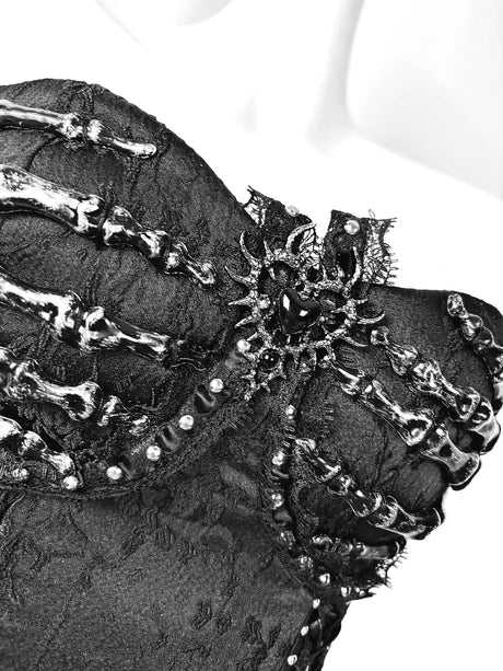 Pure Black Gothic Black Skeleton Hands Laced Corset Top