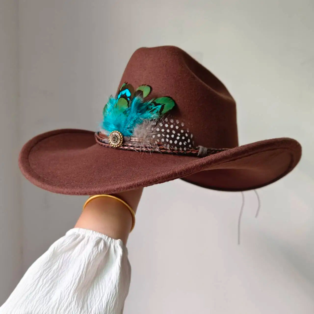 Feather Trimmed 9CM Wide Brim Western Hats