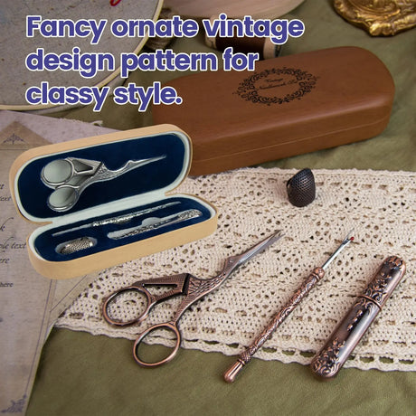Crane 4pcs Embroidery Scissors Kit Needlework Set Seam Ripper Thimbles Needles