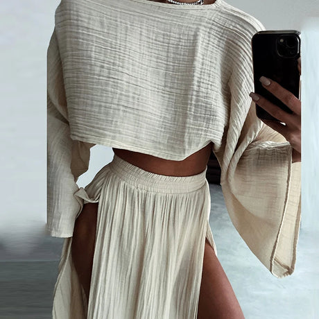 Tanny's Cotton Linen 2 Piece Summer Sets Crop Top High Waist Slit Skirt