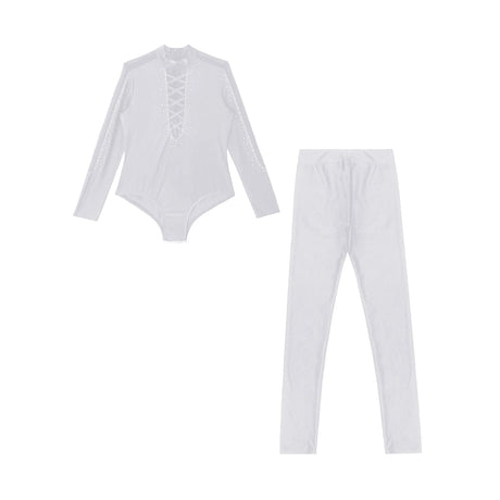 Boys Dance Leotard Ice Skating Gymnastic Long Sleeve Rhinestones Bodysuit with Leggings