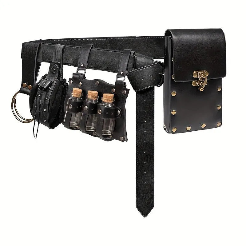 5Pcs/Set Medieval Faux Leather Belt Waist Bag Renaissance Steampunk Cosplay Accessories Set ﻿