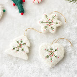 Set of Three White Christmas Handmade Embroidered Felt Mini Snowflake and Heart Christmas Tree Ornaments