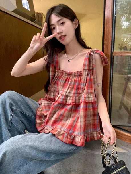 Mushroom Green Plaid Ruffle Top Y2k Goblincore