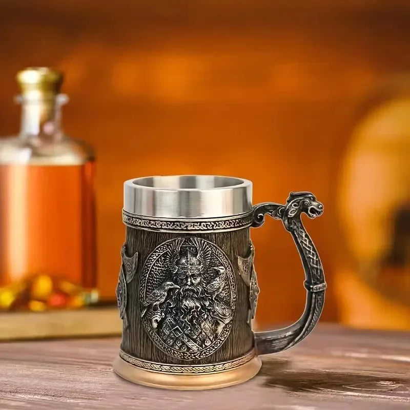 3D Viking Coffee Beer Mug Stainless Steel Warrior Stein Medieval Tree of Life Design