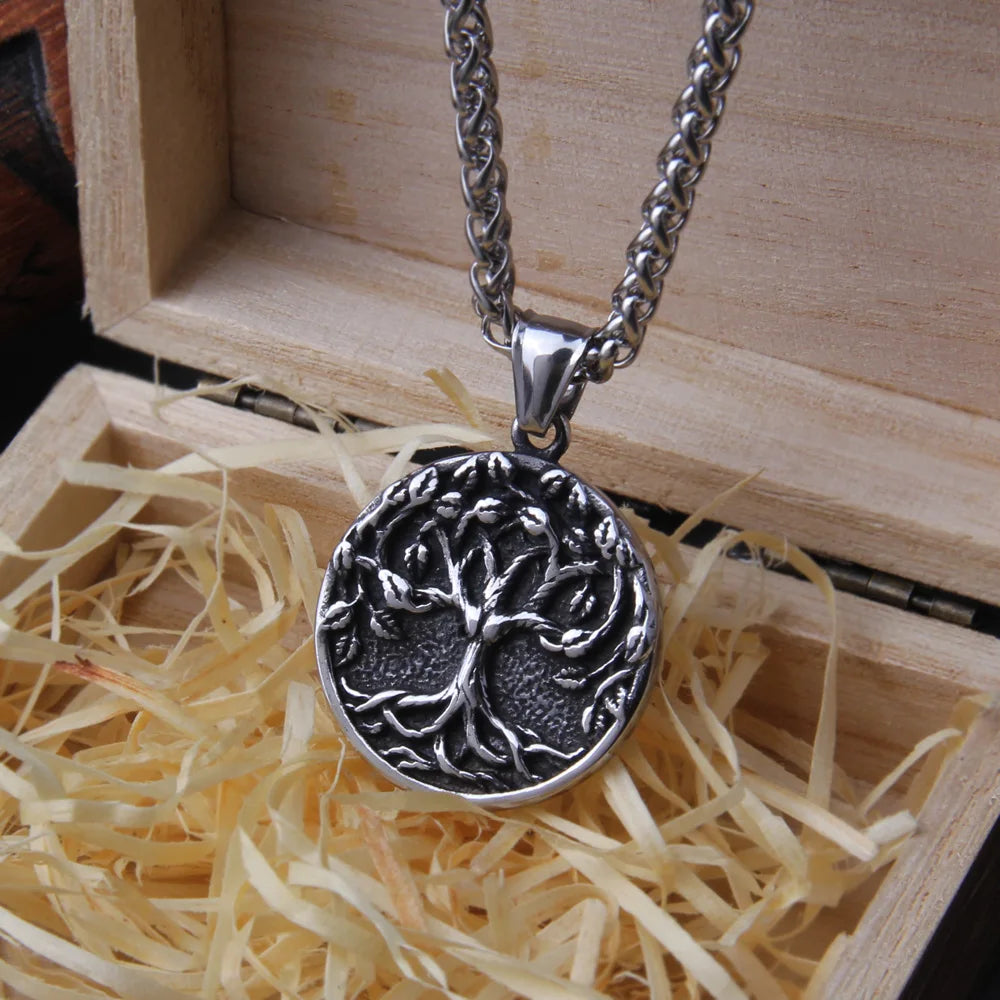 Tree of Life Amulet Stainless Steel Pendant Necklace with Wooden Gift Box