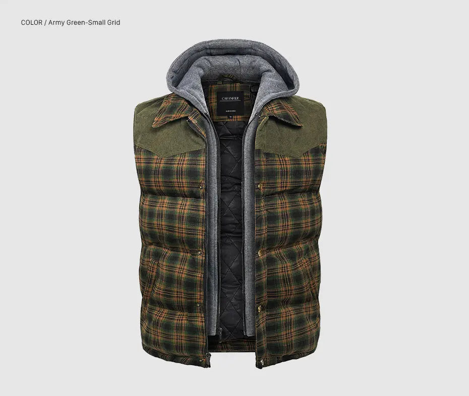 Woodsman Cotton Plaid Hooded Puffer Vest Jacket Thick Warm Winter Plaid Sleeveless Coat