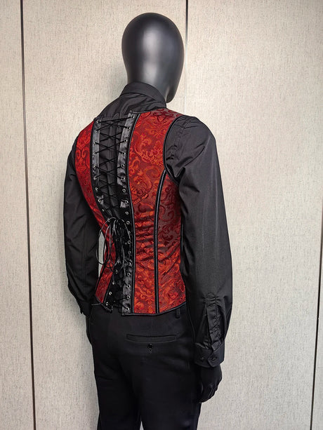 Men's Red Jacquard Boned Waistcoat Corset Vest Lace Up Burlesque Performance Stage Costume