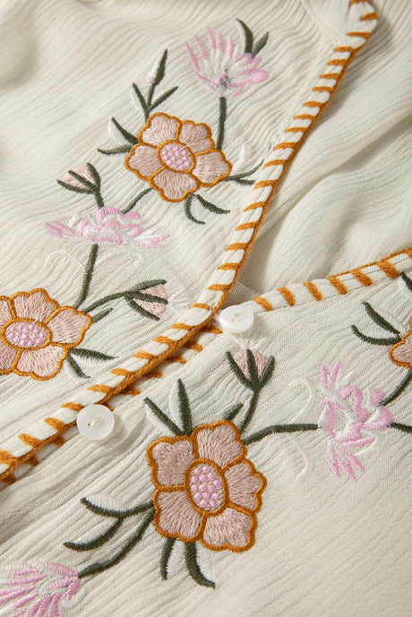 Gracie's Boho Blouses Floral Embroidery Button Down White Long-sleeved Shirt
