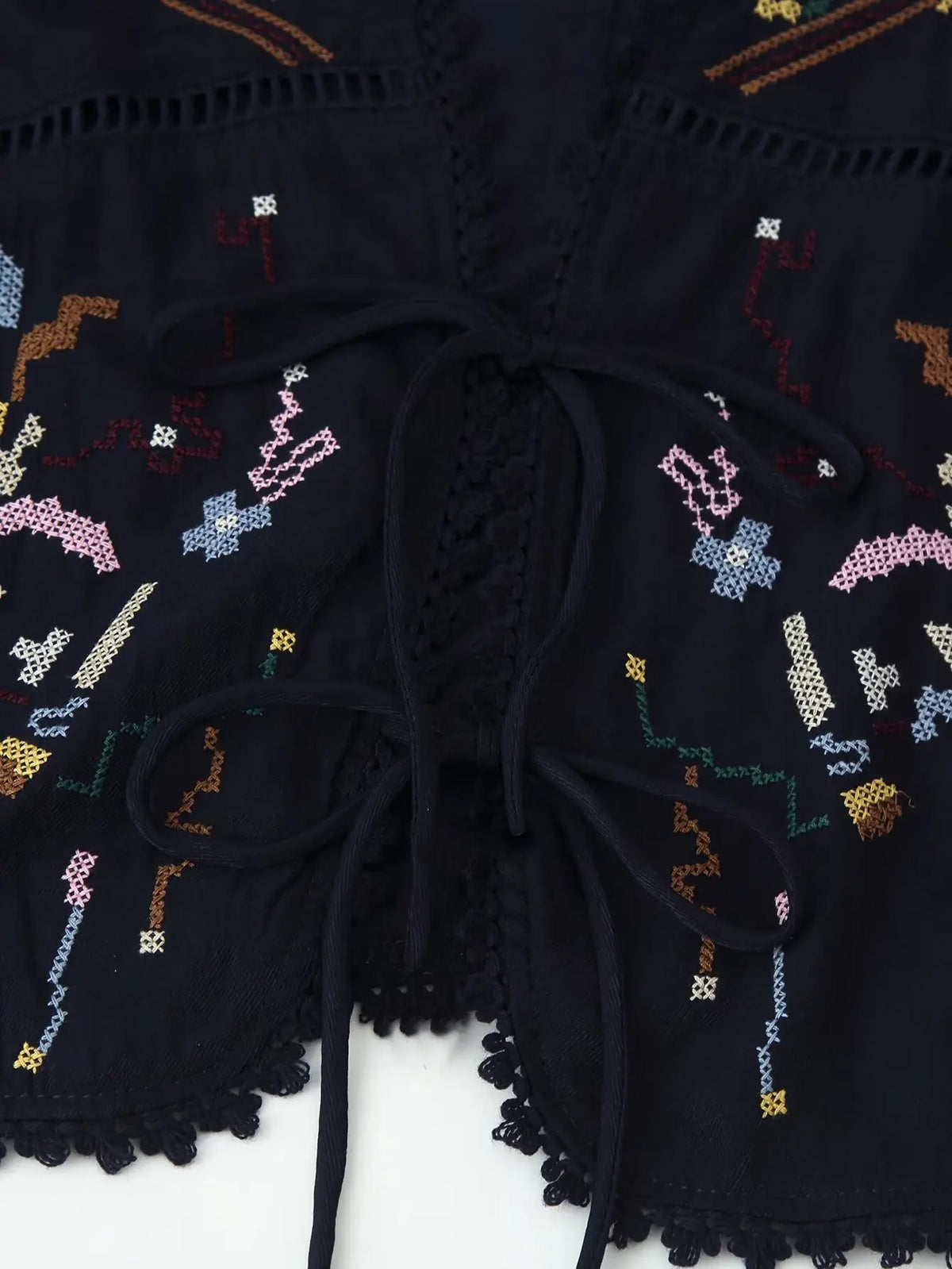 Toni's Totem Flower Navy Embroidered Short Sleeve Jacket Short Coat