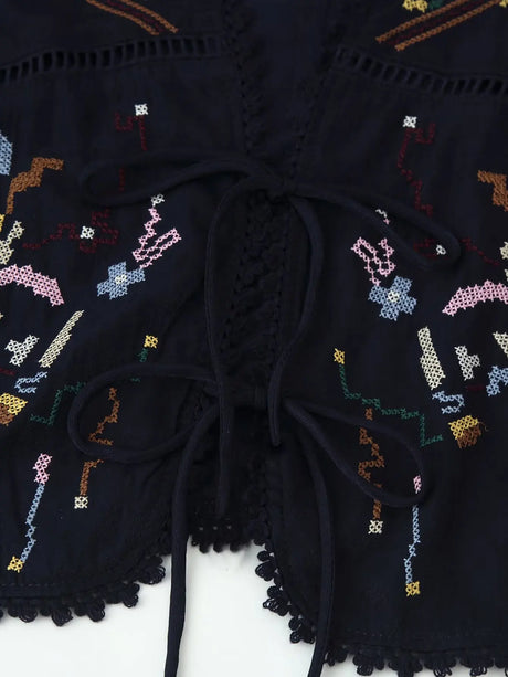 Toni's Totem Flower Navy Embroidered Short Sleeve Jacket Short Coat