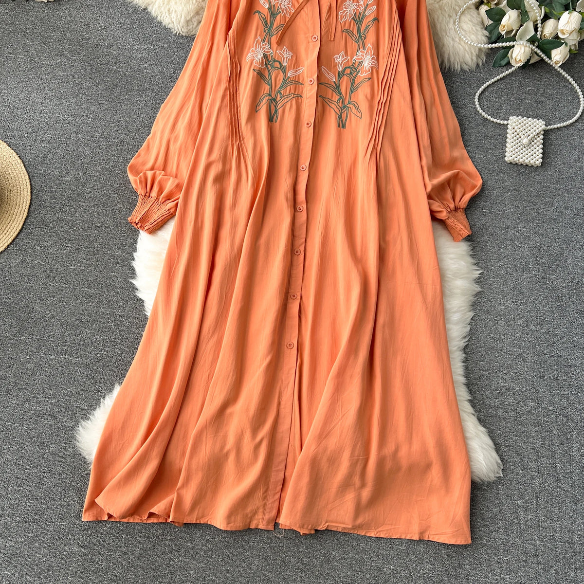 Olive's Embroidered Long Sleeve Shirt Dress