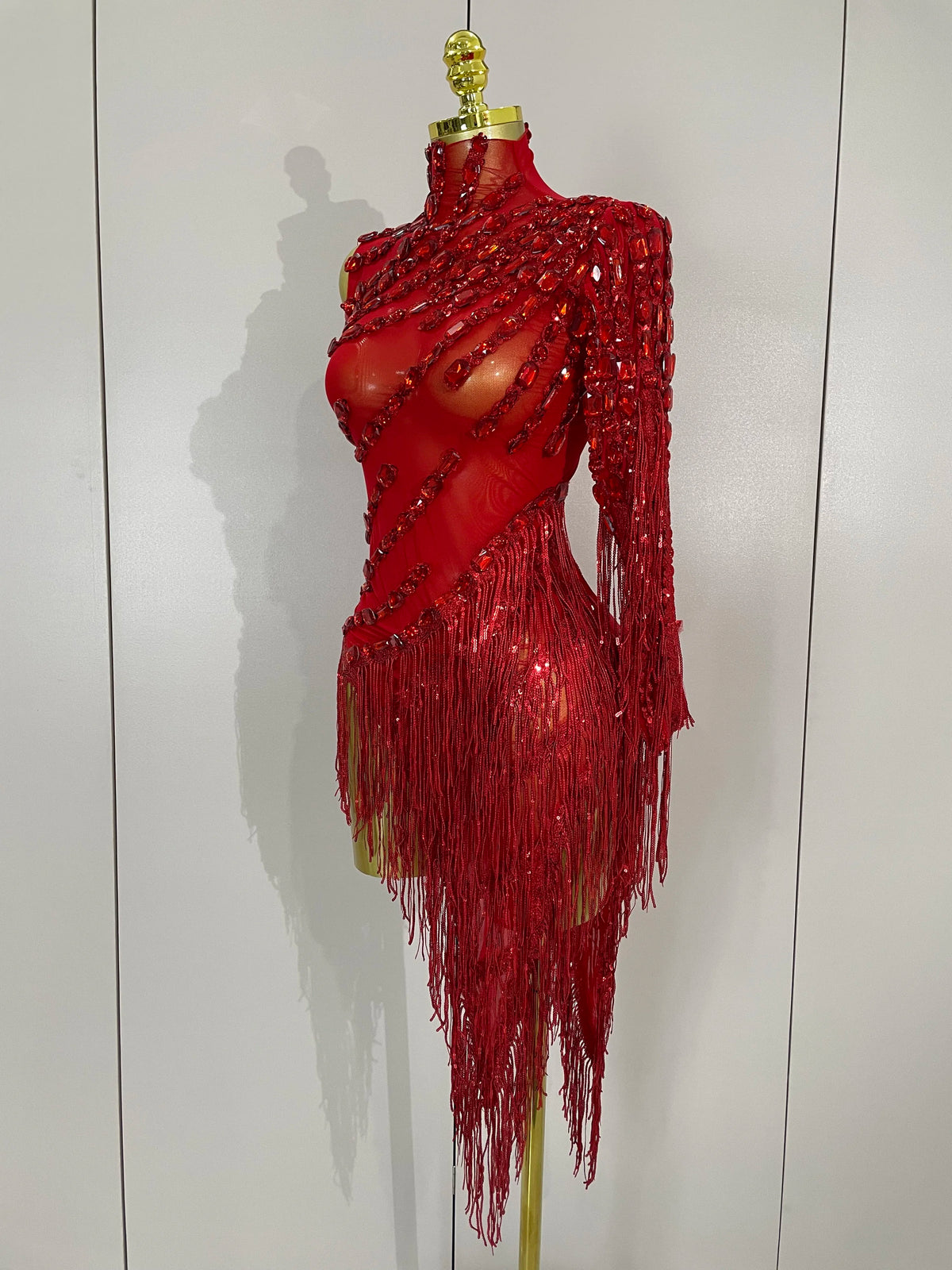Sparkly Rhinestones Fringed Latin Dance Outfits Stage Performance Costume