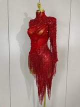 Sparkly Rhinestones Fringed Latin Dance Outfits Stage Performance Costume